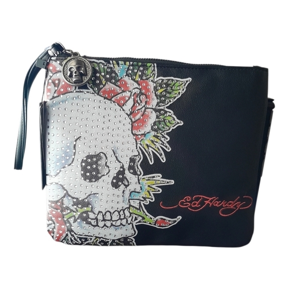 Ed Hardy Black Skull And Roses Wristlet Pouch Ideal For Gifting - Picture 1 of 10